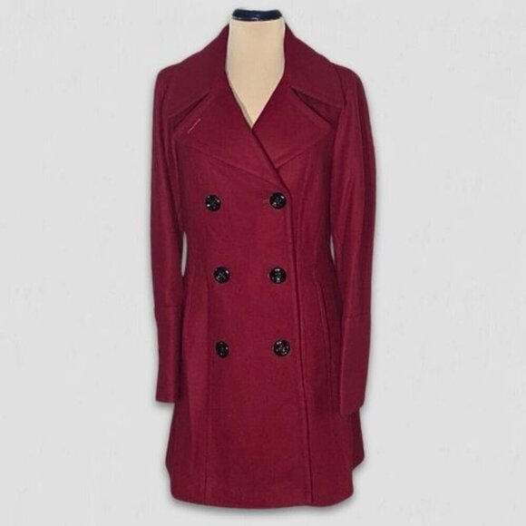 Anne Klein Red Burgundy Wool Blend Double Breasted Peacoat Size Small - Picture 1 of 11